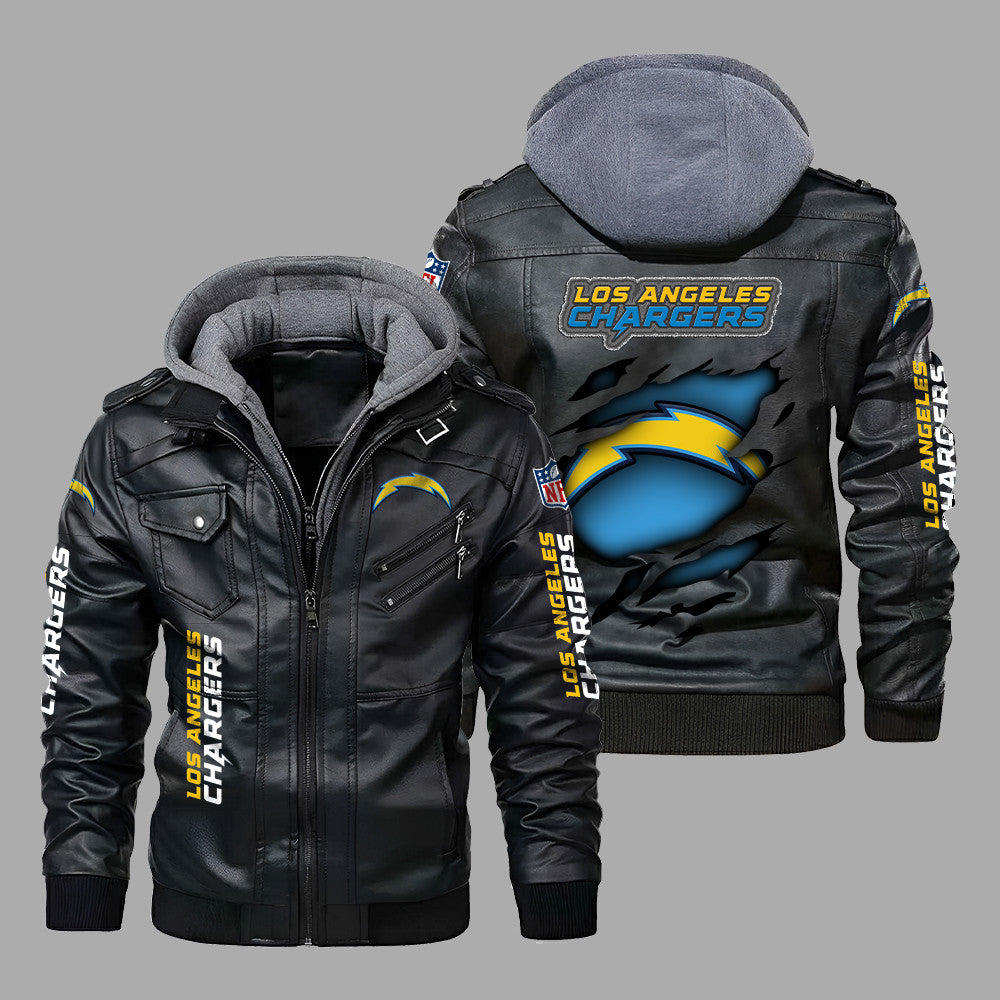 Premium & Ultra-Thick Leather Jacket with Fleece Hood - Los Angeles Chargers PHVK8397