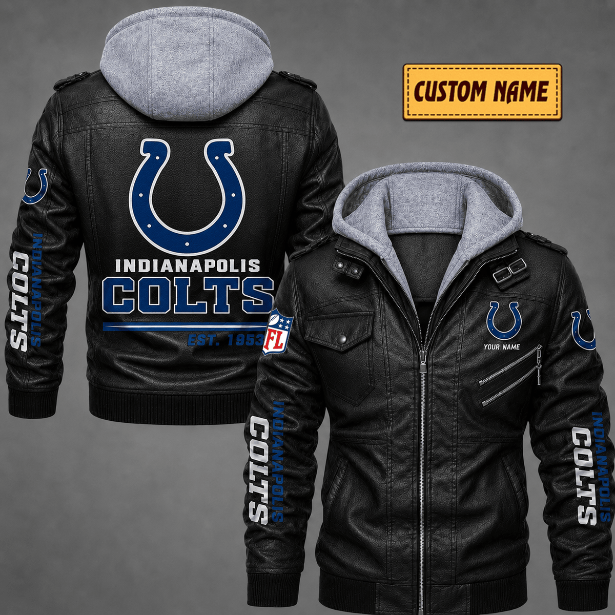 Premium & Ultra-Thick Leather Jacket with Fleece Hood - Indianapolis Colts VA2103