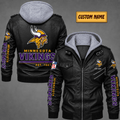 Premium & Ultra-Thick Leather Jacket with Fleece Hood - Minnesota Vikings VA2127