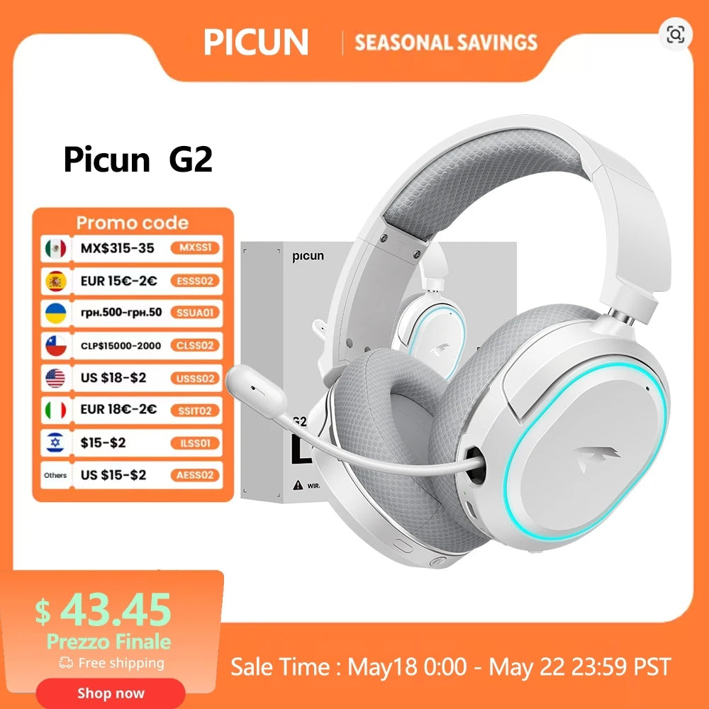 Picun G2 2.4GHz Bluetooth Wireless Gaming Headset For PC PS4 PS5 Phone Switch 5ms Low Latency 7.1 Surround Wired Headset ENC Mic