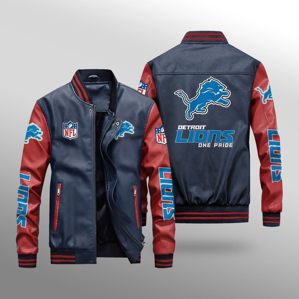 Detroit Lions Premium Fleece-Lined Leather Bomber Jacket BG42