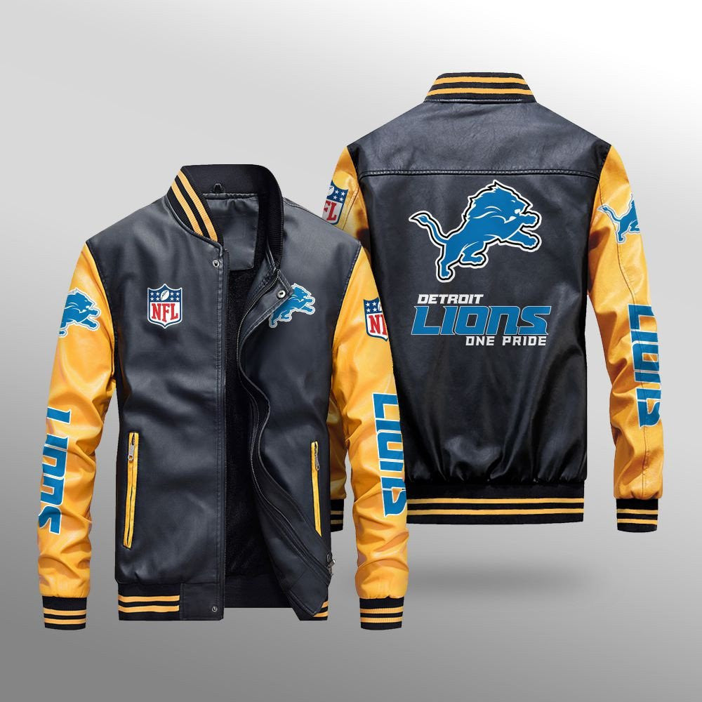 Detroit Lions Premium Fleece-Lined Leather Bomber Jacket BG42