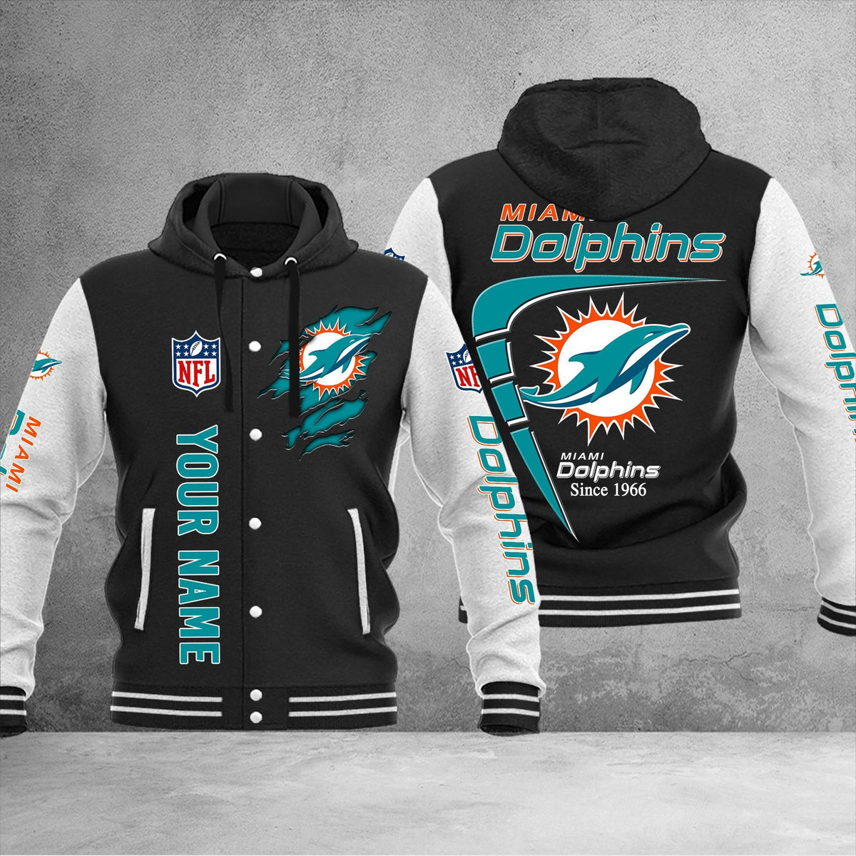 NFL Miami Dolphins (Your Name) Hooded Baseball Jacket 3D Nicegift HBJD2Q1