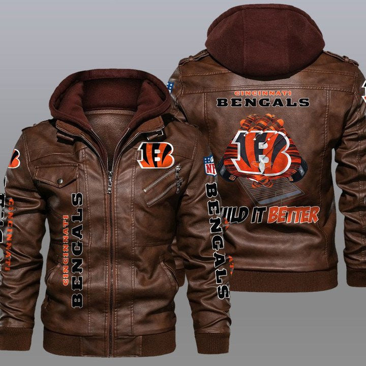 Cincinnati Bengals Premium & Ultra-Thick Leather Jacket with Fleece Hood ZPLT 07