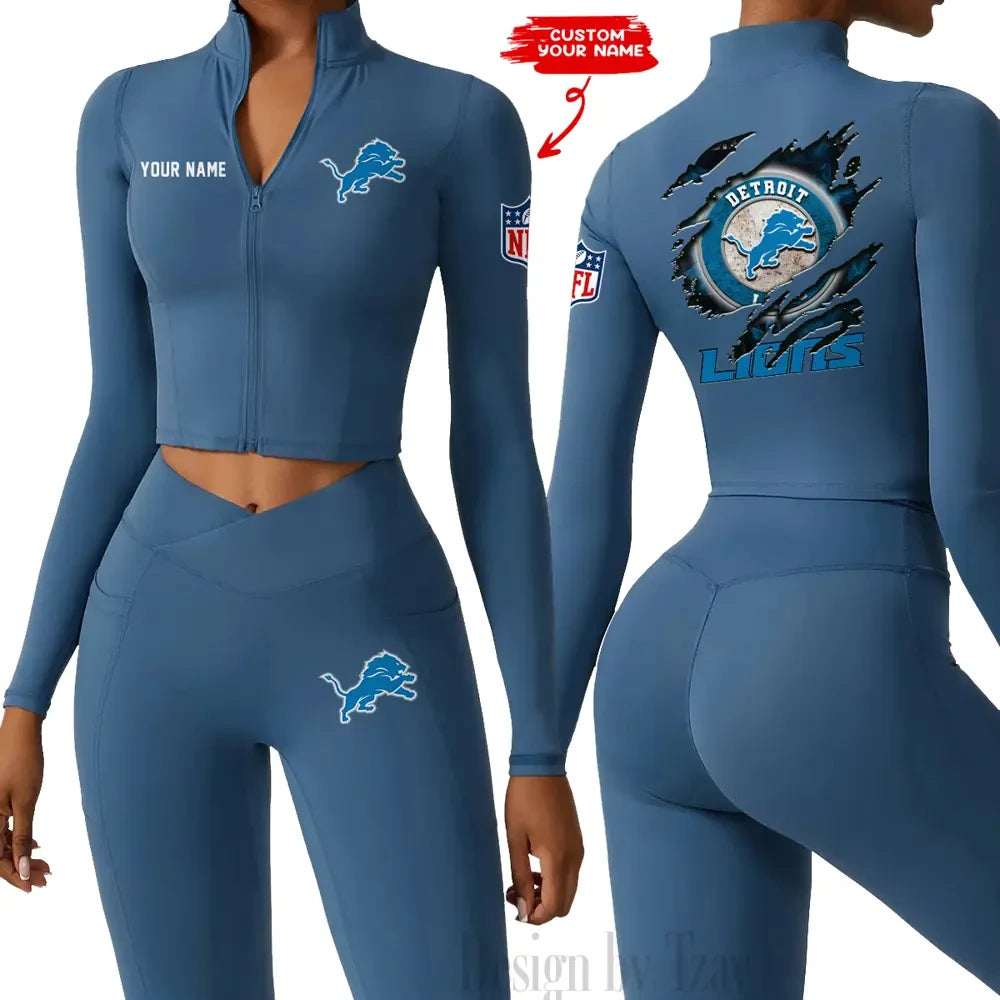 Detroit Lions Women Activewear Set 2 Piece Crop Jacket and High Waist Leggings SPTZSTW241