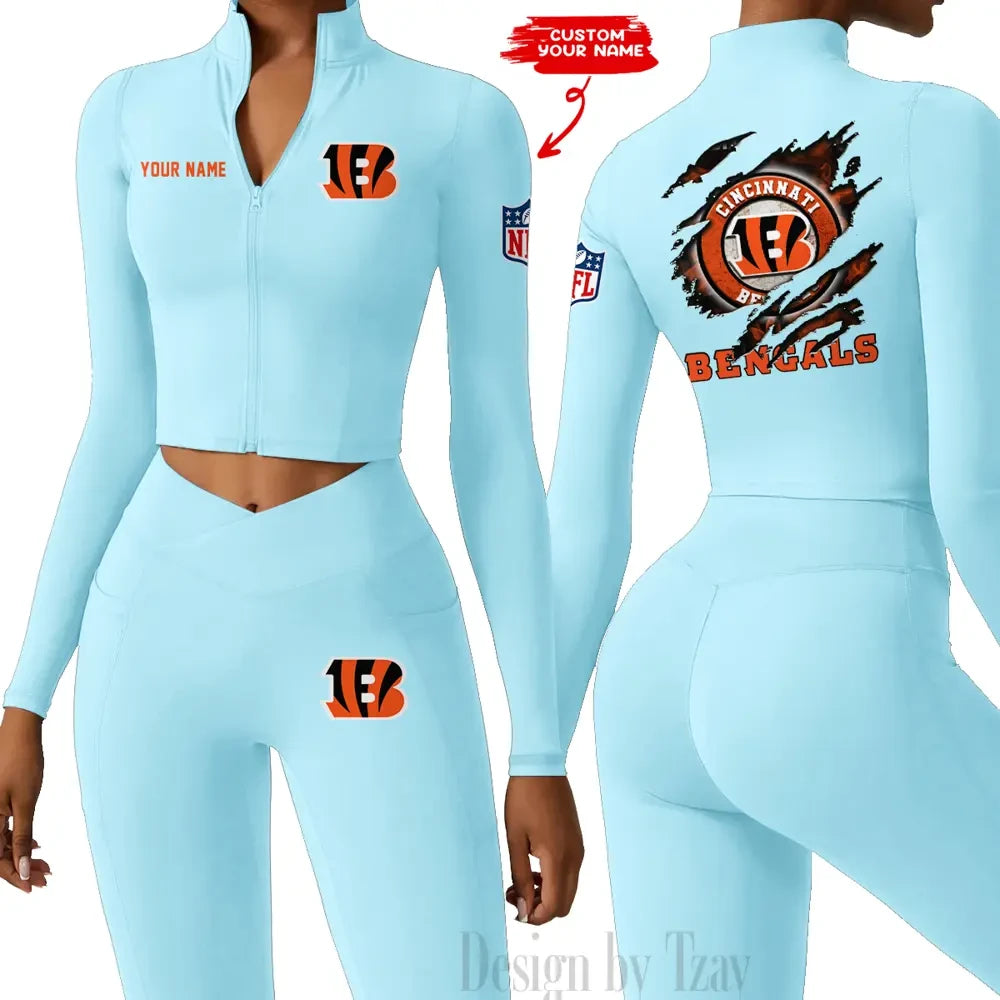 Cincinnati Bengals Women Activewear Set 2 Piece Crop Jacket and High Waist Leggings SPTZSTW237