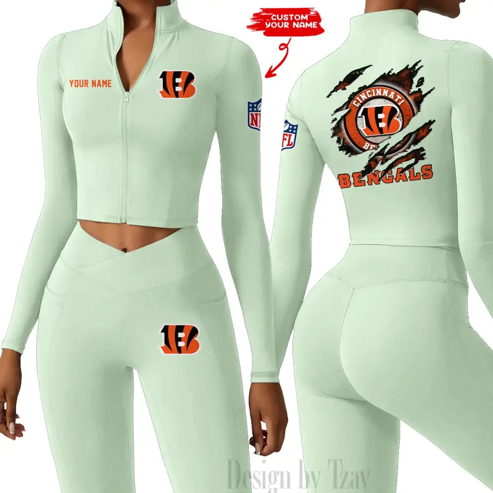 Cincinnati Bengals Women Activewear Set 2 Piece Crop Jacket and High Waist Leggings SPTZSTW237