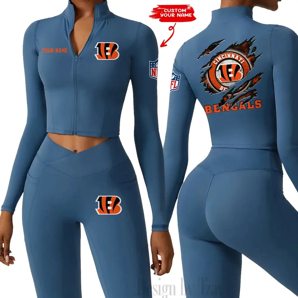 Cincinnati Bengals Women Activewear Set 2 Piece Crop Jacket and High Waist Leggings SPTZSTW237