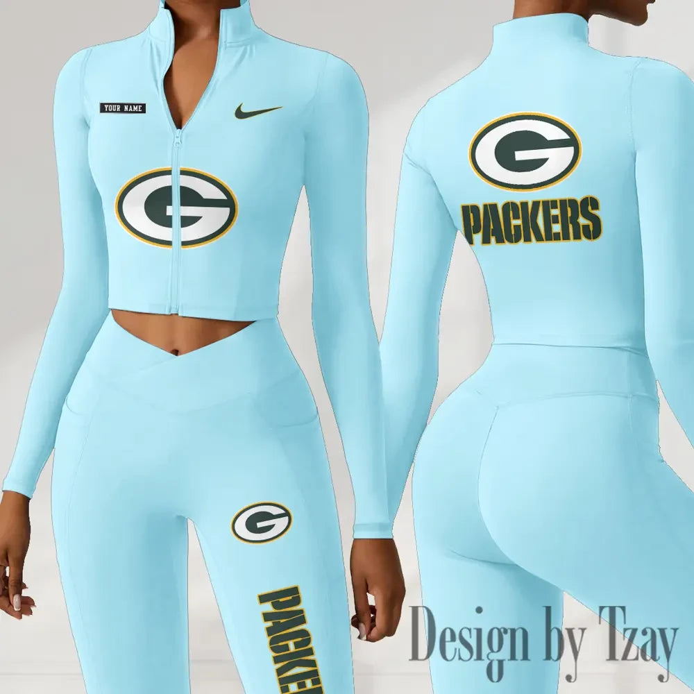 Green Bay Packers Women Activewear Set 2 Piece Crop Jacket and High Waist Leggings SPTZSTW274