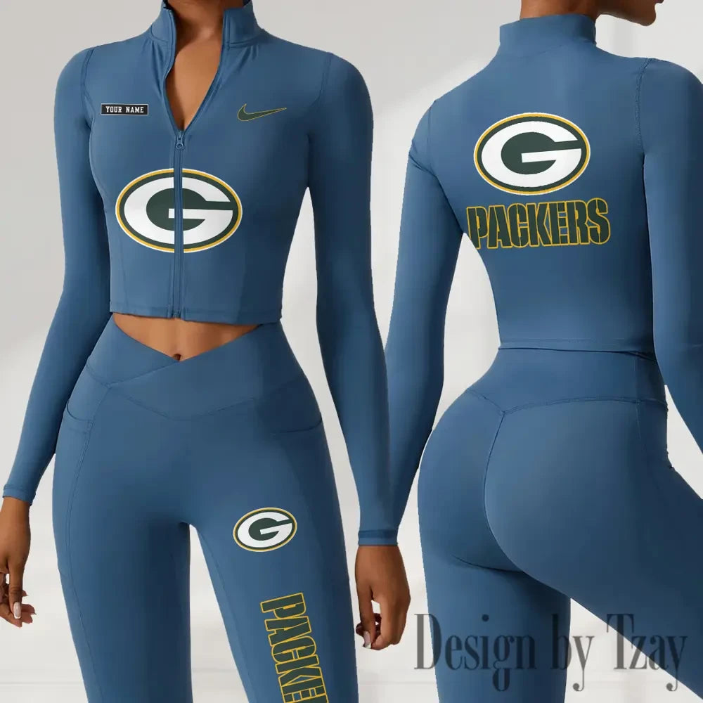 Green Bay Packers Women Activewear Set 2 Piece Crop Jacket and High Waist Leggings SPTZSTW274