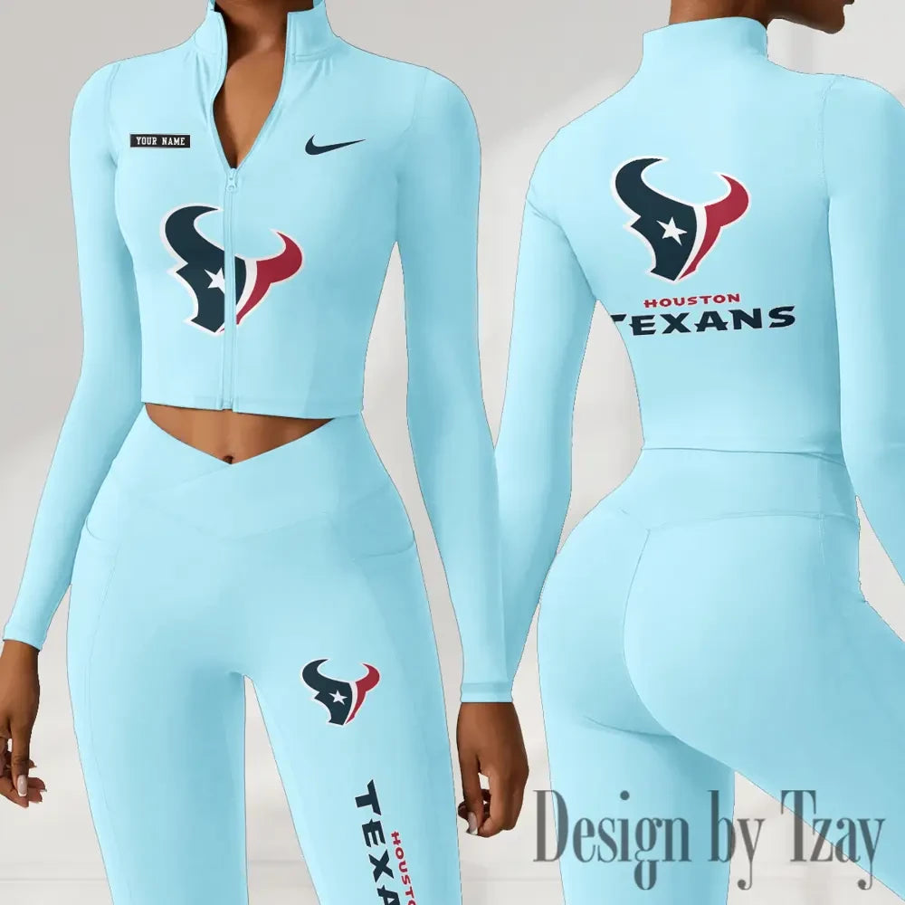 Houston Texans Women Activewear Set 2 Piece Crop Jacket and High Waist Leggings SPTZSTW275