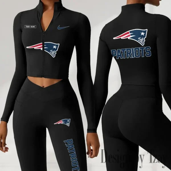 New England Patriots Women Activewear Set 2 Piece Crop Jacket and High Waist Leggings SPTZSTW284