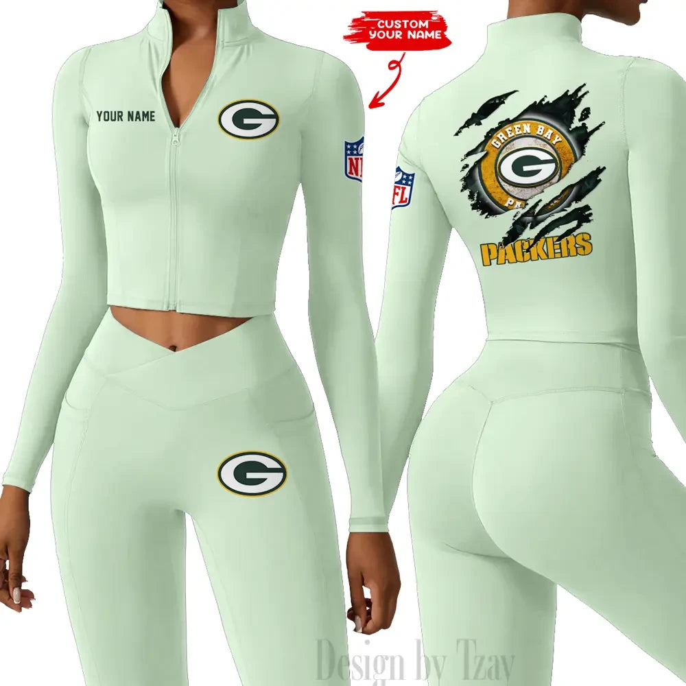Green Bay Packers Women Activewear Set 2 Piece Crop Jacket and High Waist Leggings SPTZSTW242