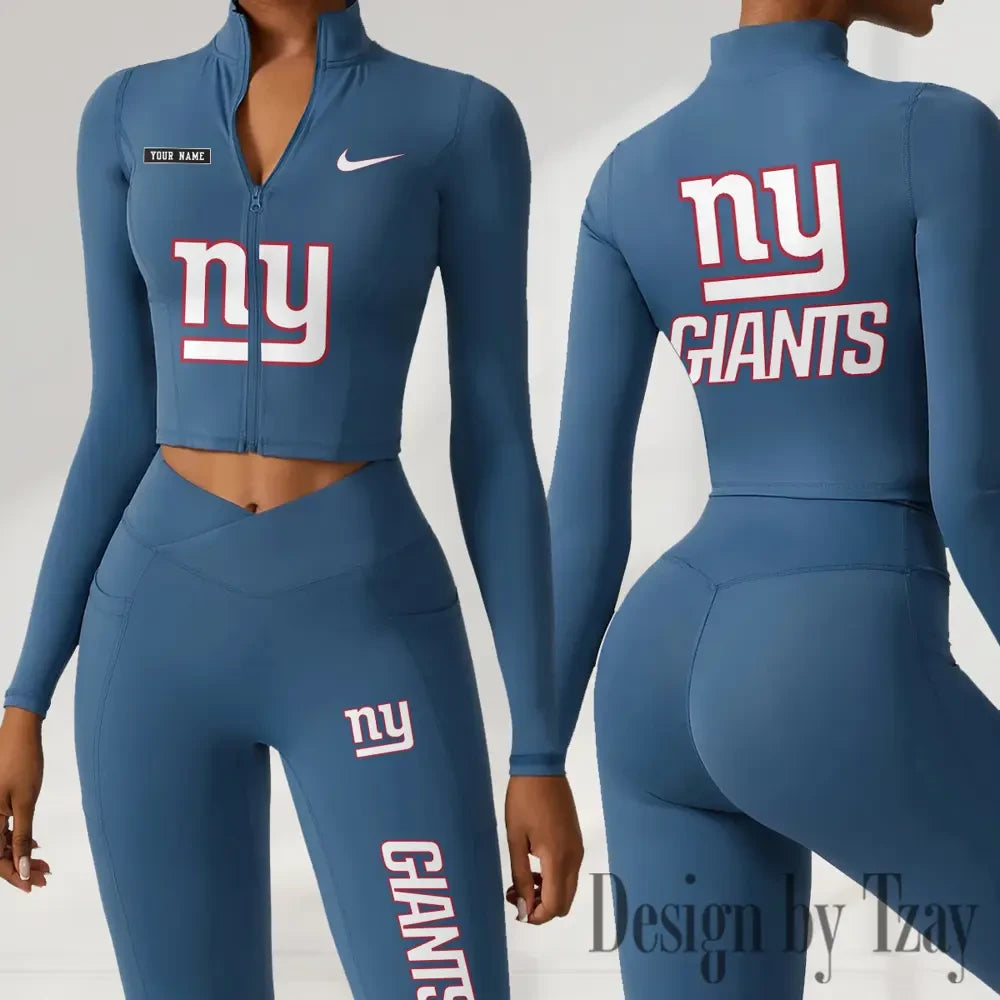 New York Giants Women Activewear Set 2 Piece Crop Jacket and High Waist Leggings SPTZSTW286