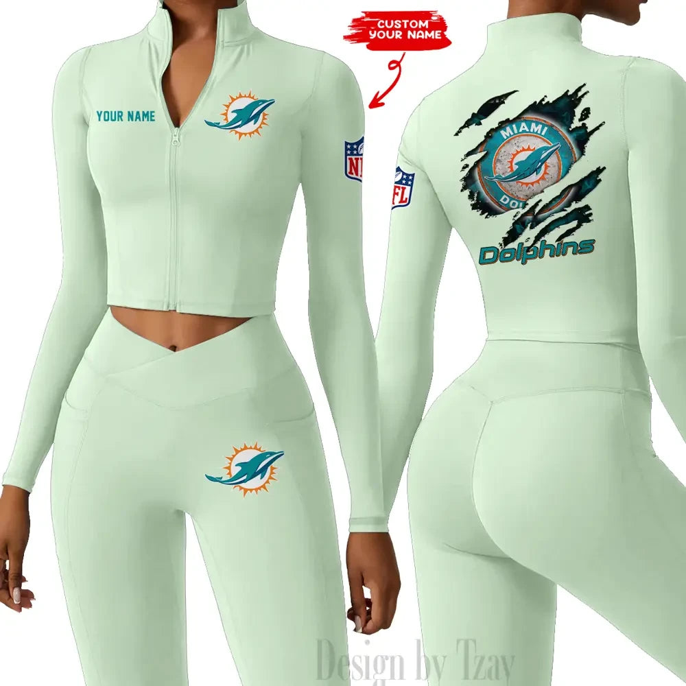 Miami Dolphins Women Activewear Set 2 Piece Crop Jacket and High Waist Leggings SPTZSTW250