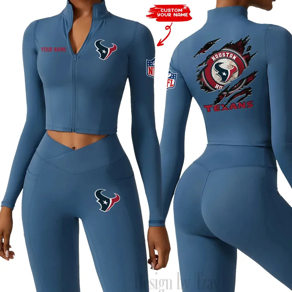 Houston Texans Women Activewear Set 2 Piece Crop Jacket and High Waist Leggings SPTZSTW243