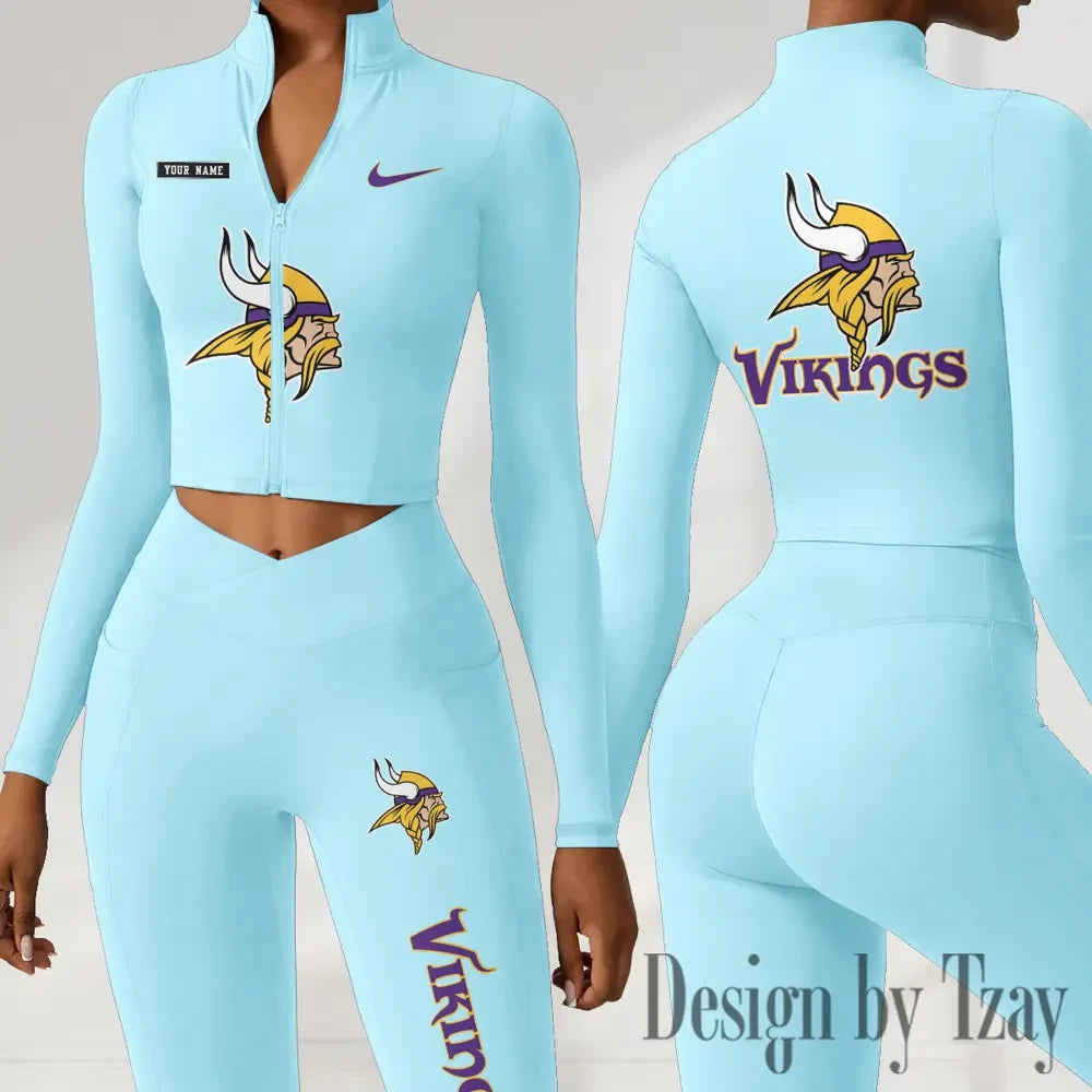 Minnesota Vikings Women Activewear Set 2 Piece Crop Jacket and High Waist Leggings SPTZSTW283