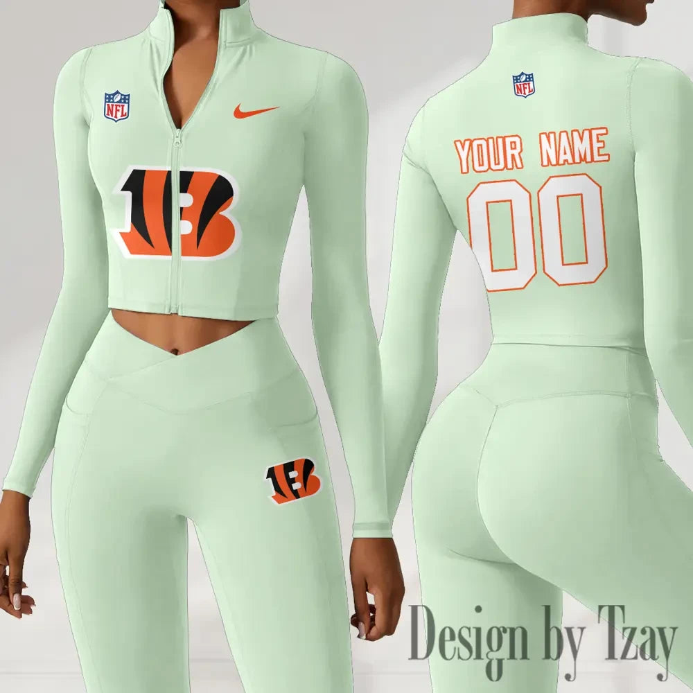 Cincinnati Bengals Women Activewear Set 2 Piece Crop Jacket and High Waist Leggings SPTZSTW205