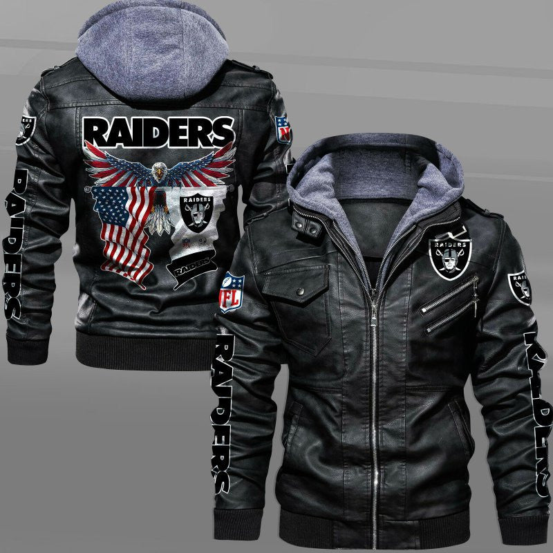 Las Vegas Raiders HVKC7236 - Premium & Ultra-Thick Leather Jacket with Fleece Hood