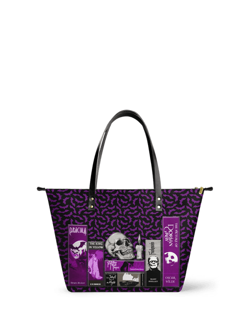 "The Codex of Gothic Tales" Violet Echo Leather Tote Bag