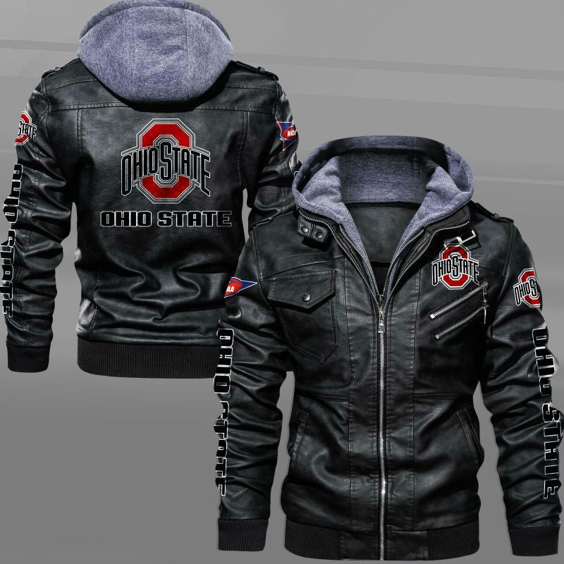 Ohio State Buckeyes HVKC1579 - Premium & Ultra-Thick Leather Jacket with Fleece Hood