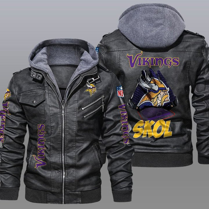 Minnesota Vikings Premium & Ultra-Thick Leather Jacket with Fleece Hood 21