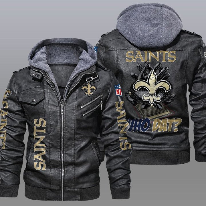New Orleans Saints Premium & Ultra-Thick Leather Jacket with Fleece Hood 23