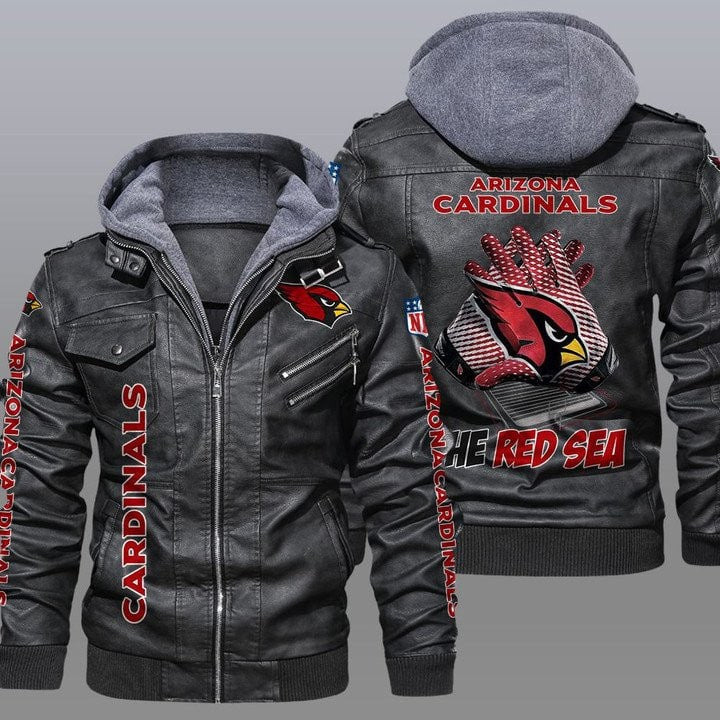 Arizona Cardinals Premium & Ultra-Thick Leather Jacket with Fleece Hood 01