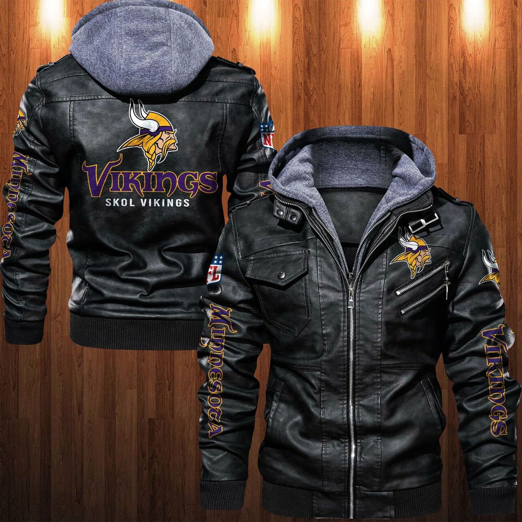 Minnesota Vikings HVKC1253 - Premium & Ultra-Thick Leather Jacket with Fleece Hood