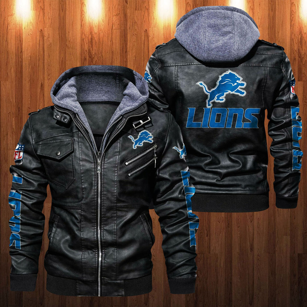 Detroit Lions HVKC1244 - Premium & Ultra-Thick Leather Jacket with Fleece Hood