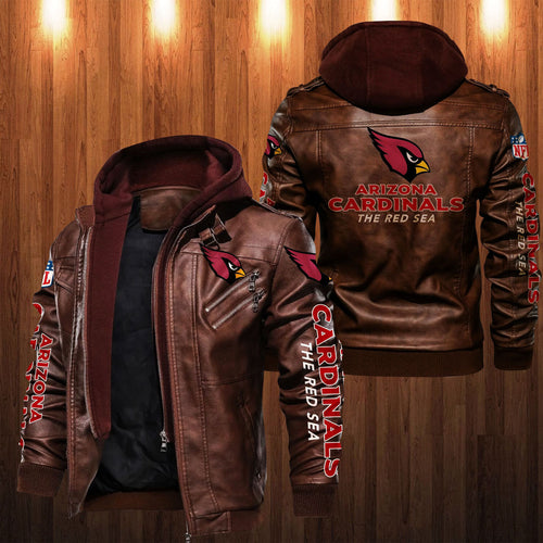Arizona Cardinals  HVKC1234 - Premium & Ultra-Thick Leather Jacket with Fleece Hood