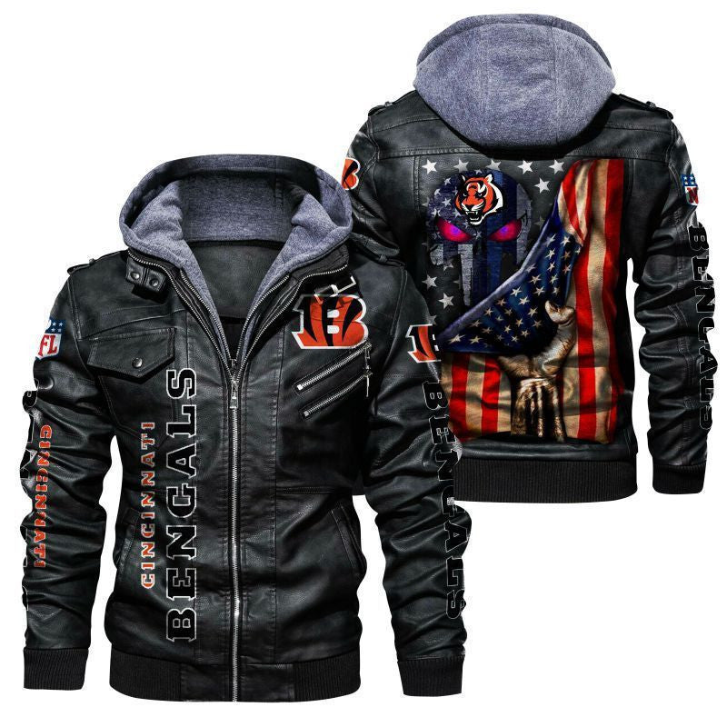 Cincinnati Bengals HVKC155 - Premium & Ultra-Thick Leather Jacket with Fleece Hood