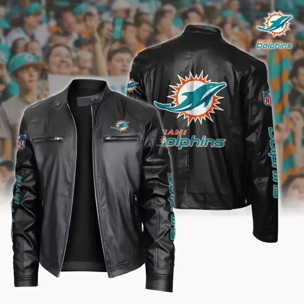 Ultra-Premium Leather Jacket Dual Zip Chest— Miami Dolphins SPTSLJ005