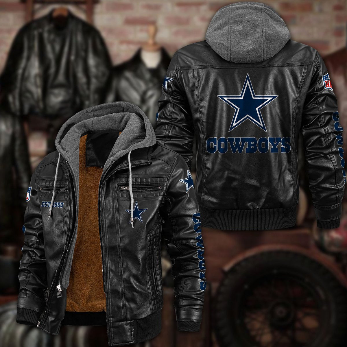 Premium & Ultra-Thick Leather Jacket with Fleece Hood - Dallas Cowboys PHVKC009