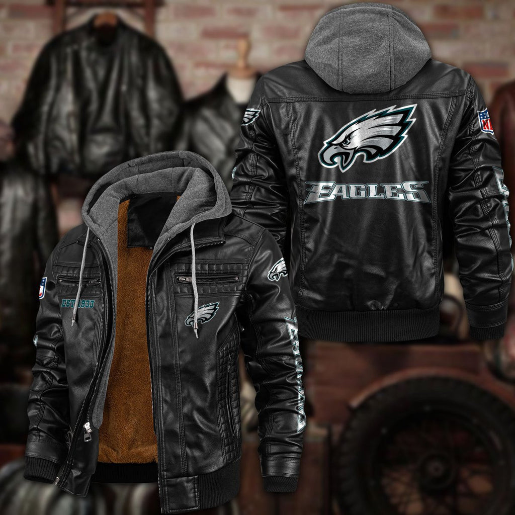 Premium & Ultra-Thick Leather Jacket with Fleece Hood - Philadelphia Eagles PHVKC026