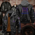 Premium & Ultra-Thick Leather Jacket with Fleece Hood - New York Giants PHVKC023