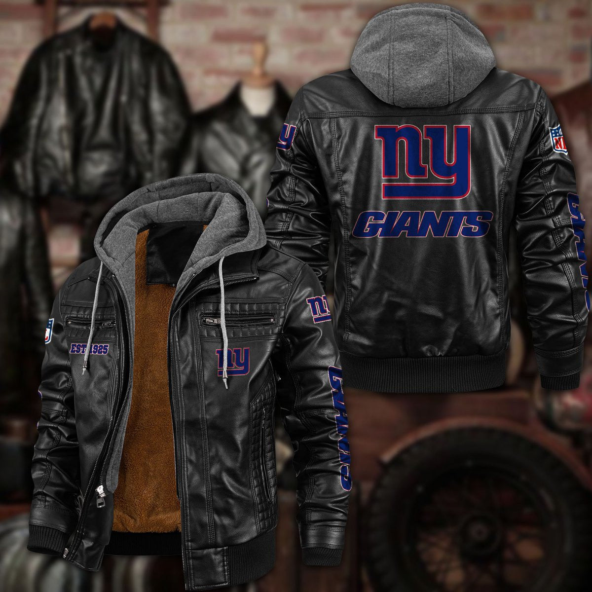 Premium & Ultra-Thick Leather Jacket with Fleece Hood - New York Giants PHVKC023