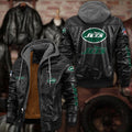 Premium & Ultra-Thick Leather Jacket with Fleece Hood - New York Jets PHVKC024