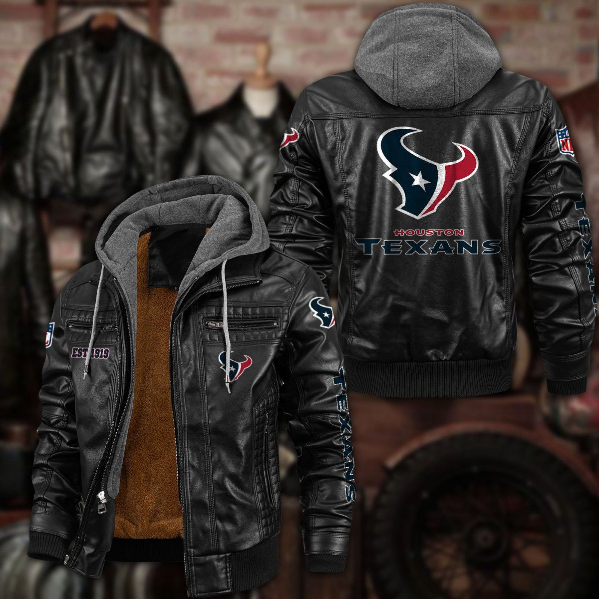 Premium & Ultra-Thick Leather Jacket with Fleece Hood - Houston Texans PHVKC013