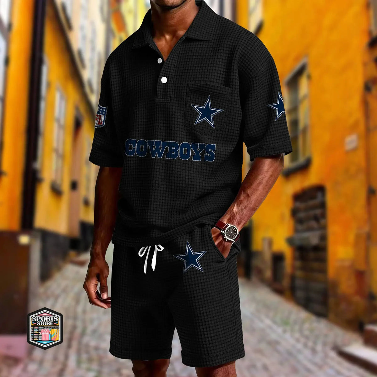 Dallas Cowboys Waffle Button Polo Shirt And Shorts SPTWFLBLS653