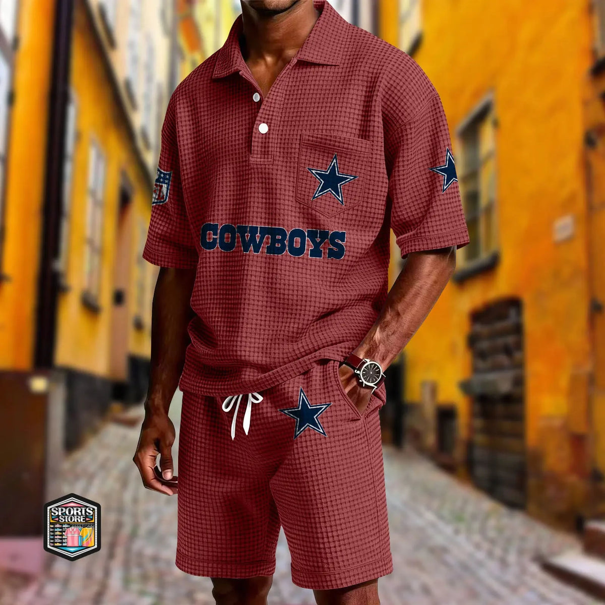 Dallas Cowboys Waffle Button Polo Shirt And Shorts SPTWFLBLS653