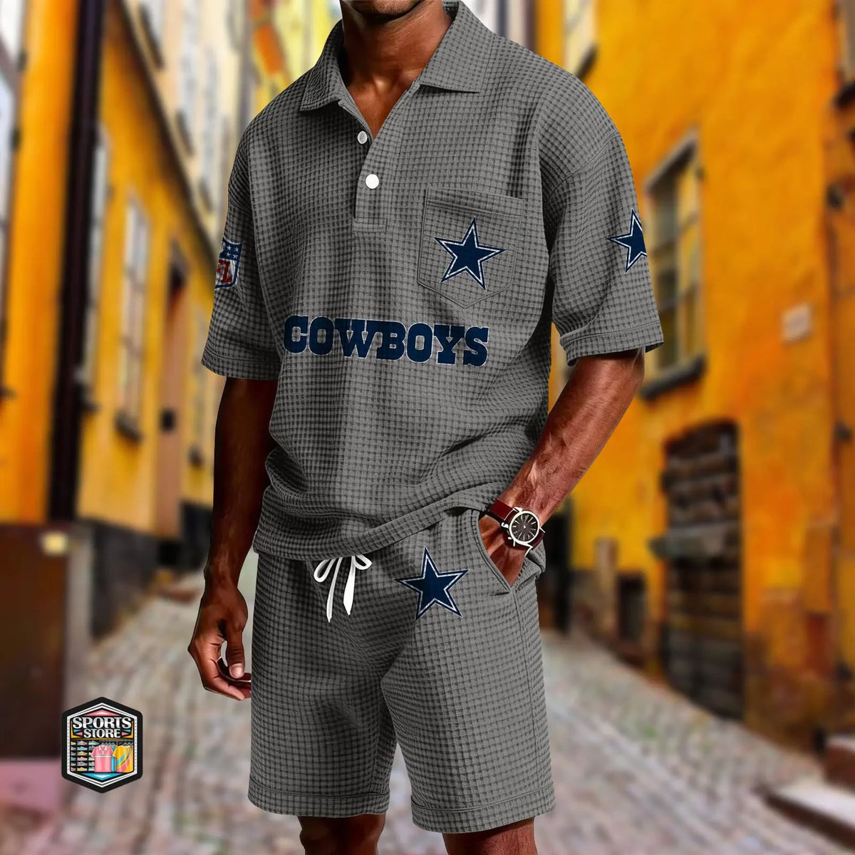 Dallas Cowboys Waffle Button Polo Shirt And Shorts SPTWFLBLS653