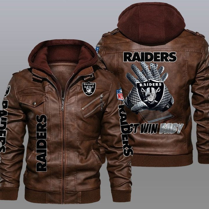 Las Vegas Raiders Premium & Ultra-Thick Leather Jacket with Fleece Hood ZPLT 17