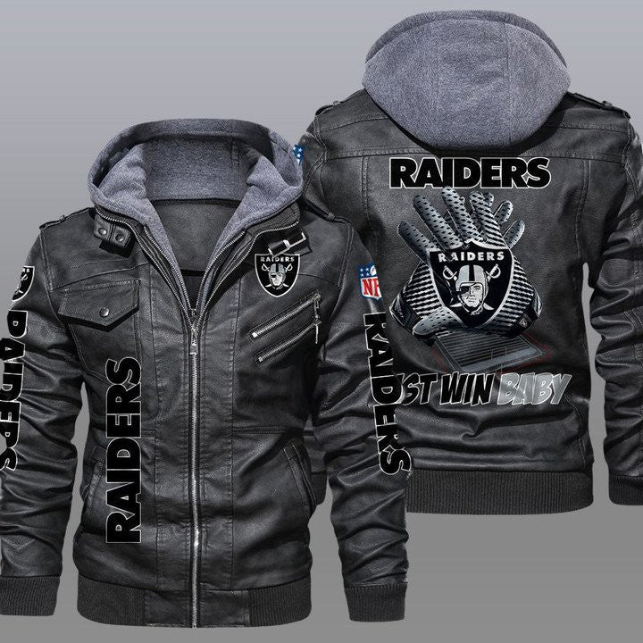 Las Vegas Raiders Premium & Ultra-Thick Leather Jacket with Fleece Hood ZPLT 17