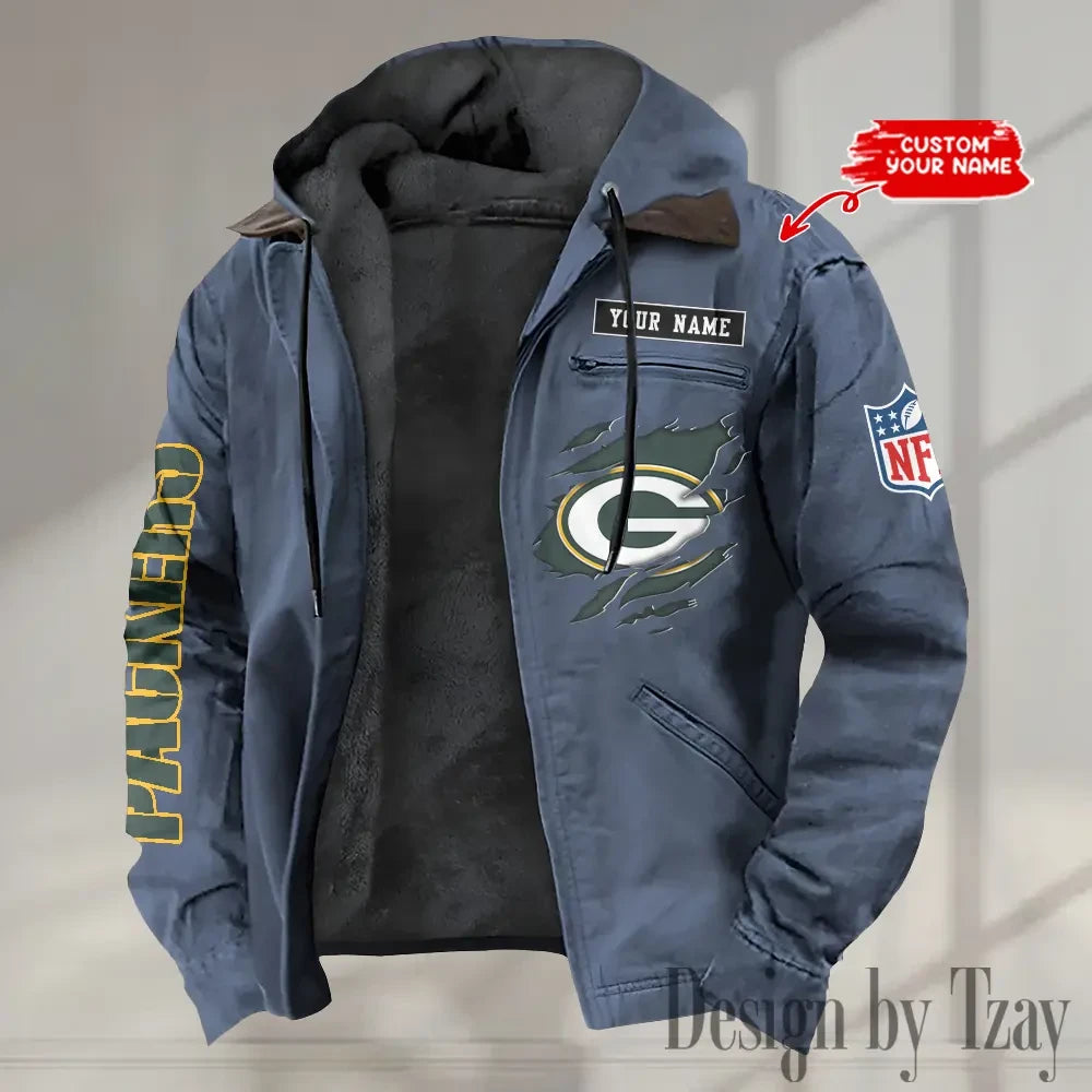 Green Bay Packers Men's Casual Padded Jacket Hooded trending 2026 SPTPJH012