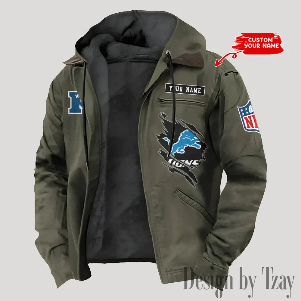 Detroit Lions Men's Casual Padded Jacket Hooded Trending 2026 SPTPJH140