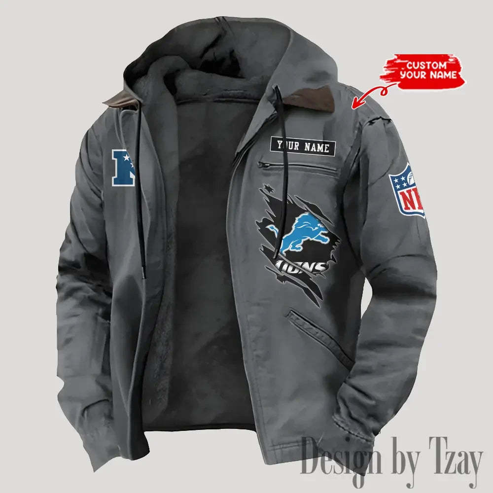 Detroit Lions Men's Casual Padded Jacket Hooded Trending 2026 SPTPJH140